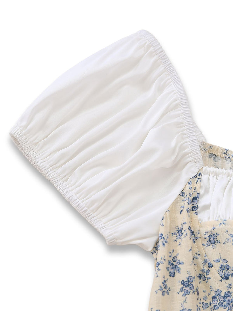 [Prévente] Bleu Floral Blocs de Couleur Nœud Tie Vintage Robe Années 1940 5