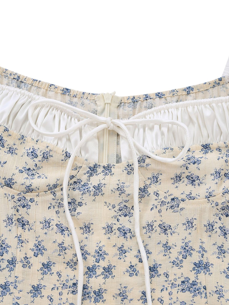 [Prévente] Bleu Floral Blocs de Couleur Nœud Tie Vintage Robe Années 1940 6