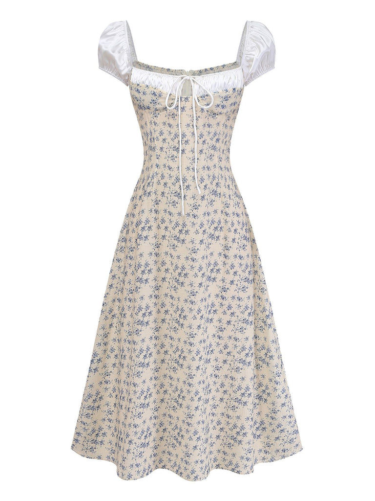 [Prévente] Bleu Floral Blocs de Couleur Nœud Tie Vintage Robe Années 1940 2