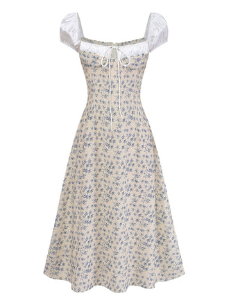 [Prévente] Bleu Floral Blocs de Couleur Nœud Tie Vintage Robe Années 1940 2