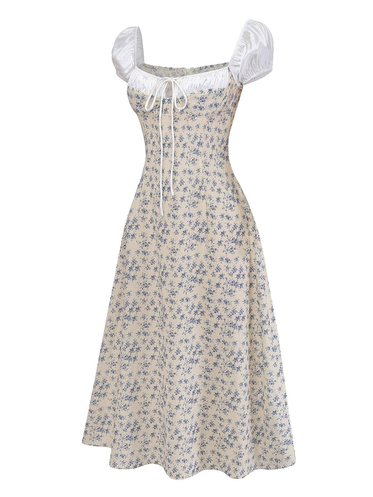 [Prévente] Bleu Floral Blocs de Couleur Nœud Tie Vintage Robe Années 1940 3