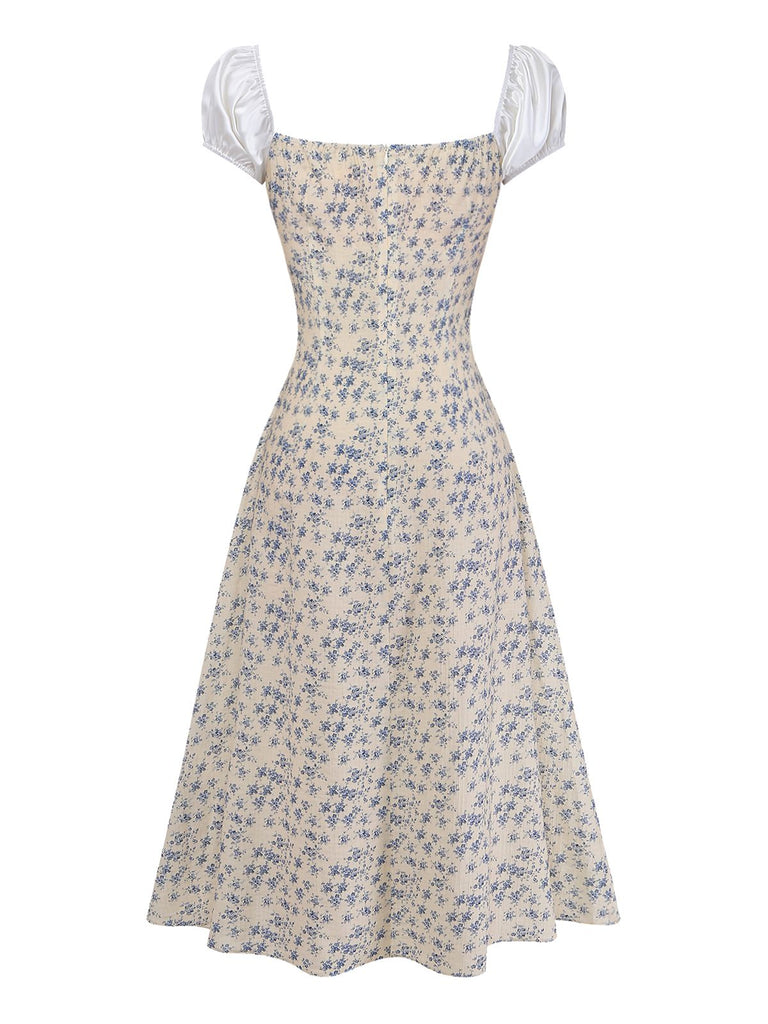 [Prévente] Bleu Floral Blocs de Couleur Nœud Tie Vintage Robe Années 1940 4
