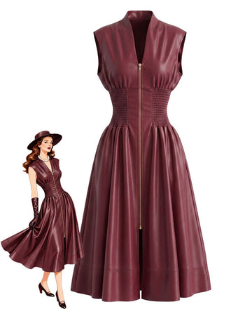 Robe bordeaux similicuir manches courtes et taille cintrée années 1940