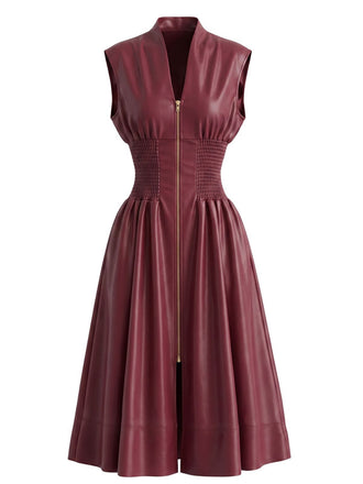 Robe bordeaux similicuir manches courtes et taille cintrée années 1940