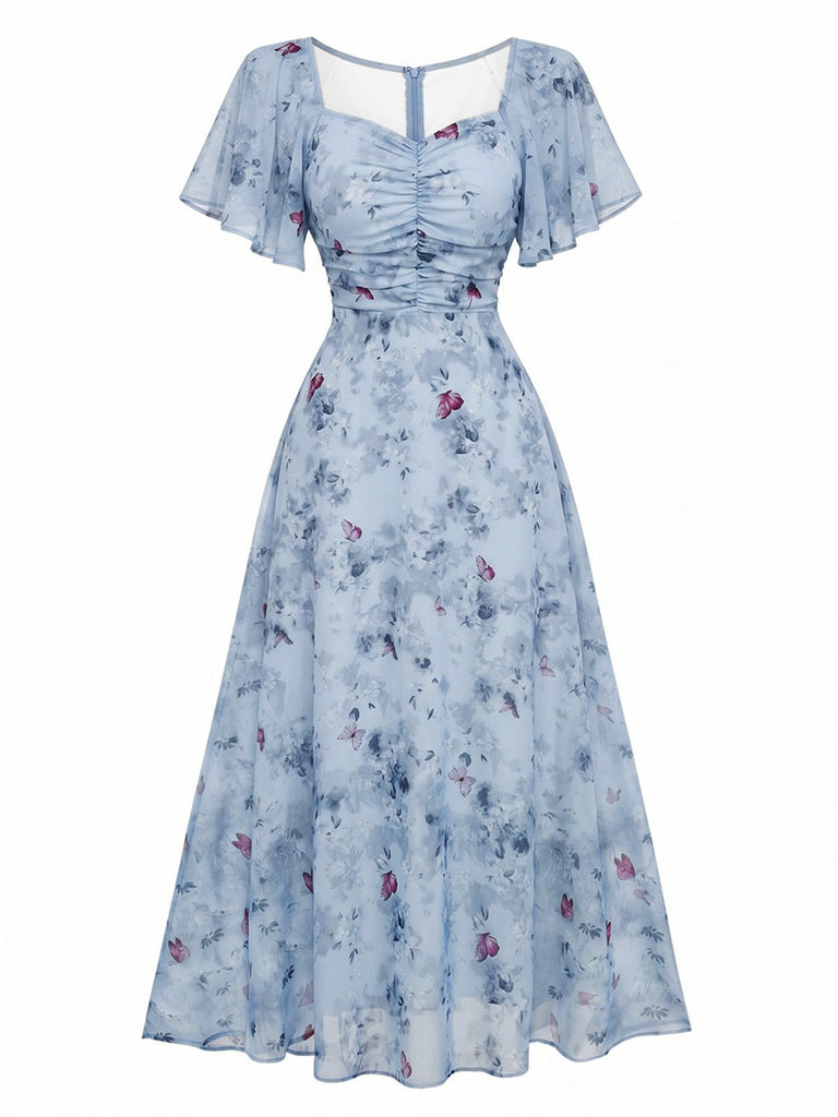 Robe Verte mousseline à manches papillon années 1930