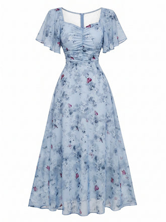 Robe bleu mousseline à manches papillon années 1930