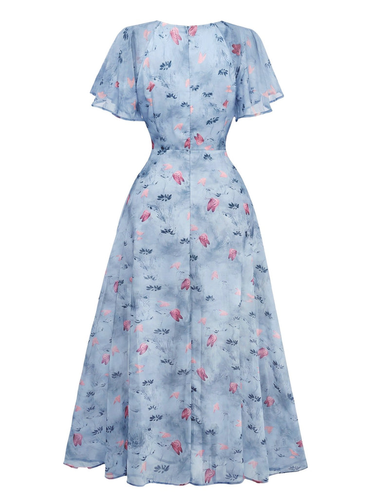 Robe Verte mousseline à manches papillon années 1930