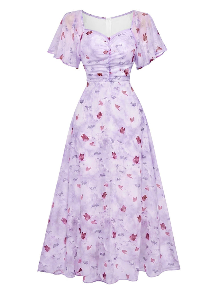 Robe bleu mousseline à manches papillon années 1930