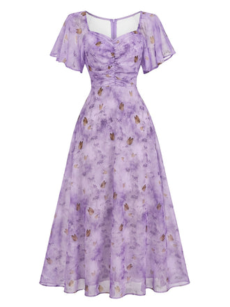 Robe violette mousseline à manches papillon années 1930