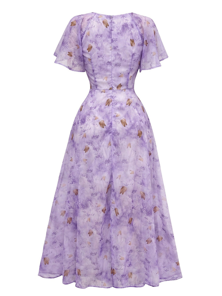 Robe Verte mousseline à manches papillon années 1930