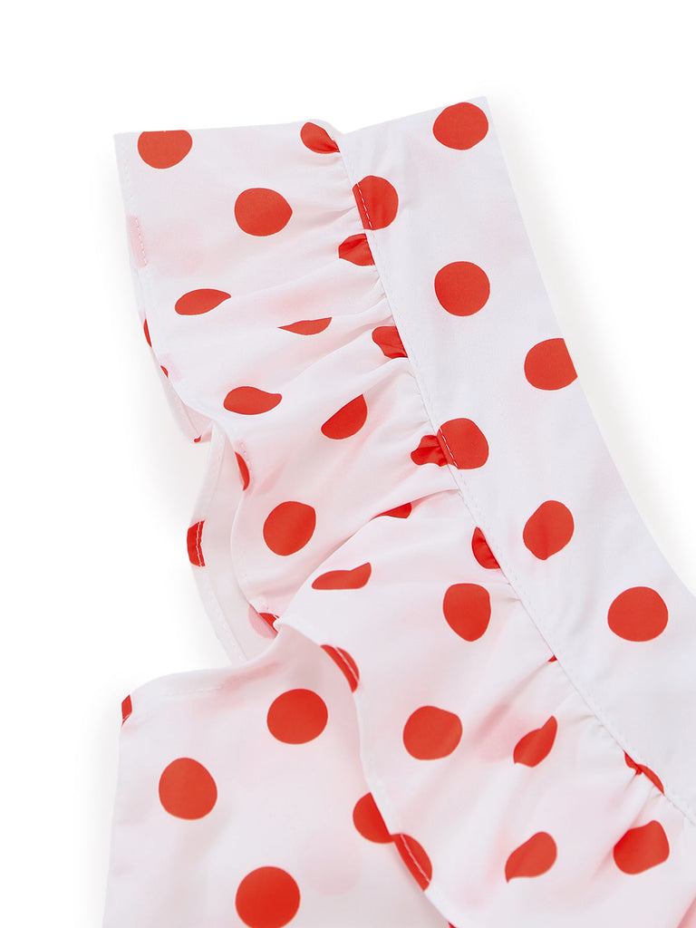 Robe Longue Blanche à Pois Rouges Épaules Dénudées à Volants Années '30 4