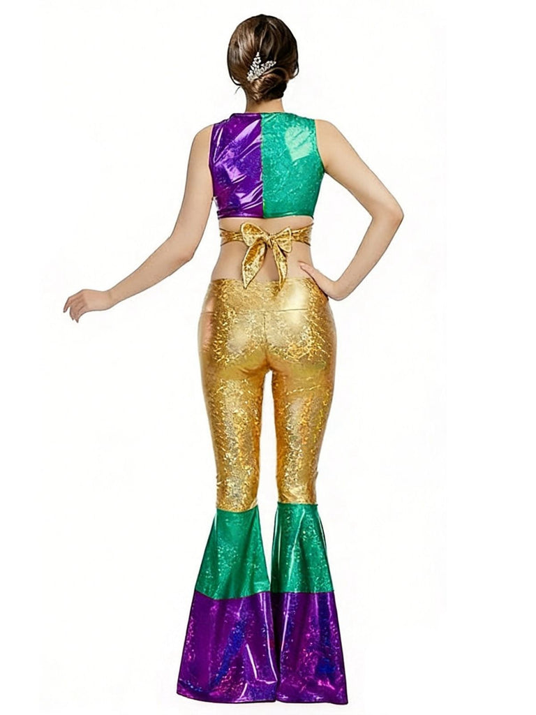 2PCS Ensemble Haut Court Métallisé Pantalon Évasé Année 1970