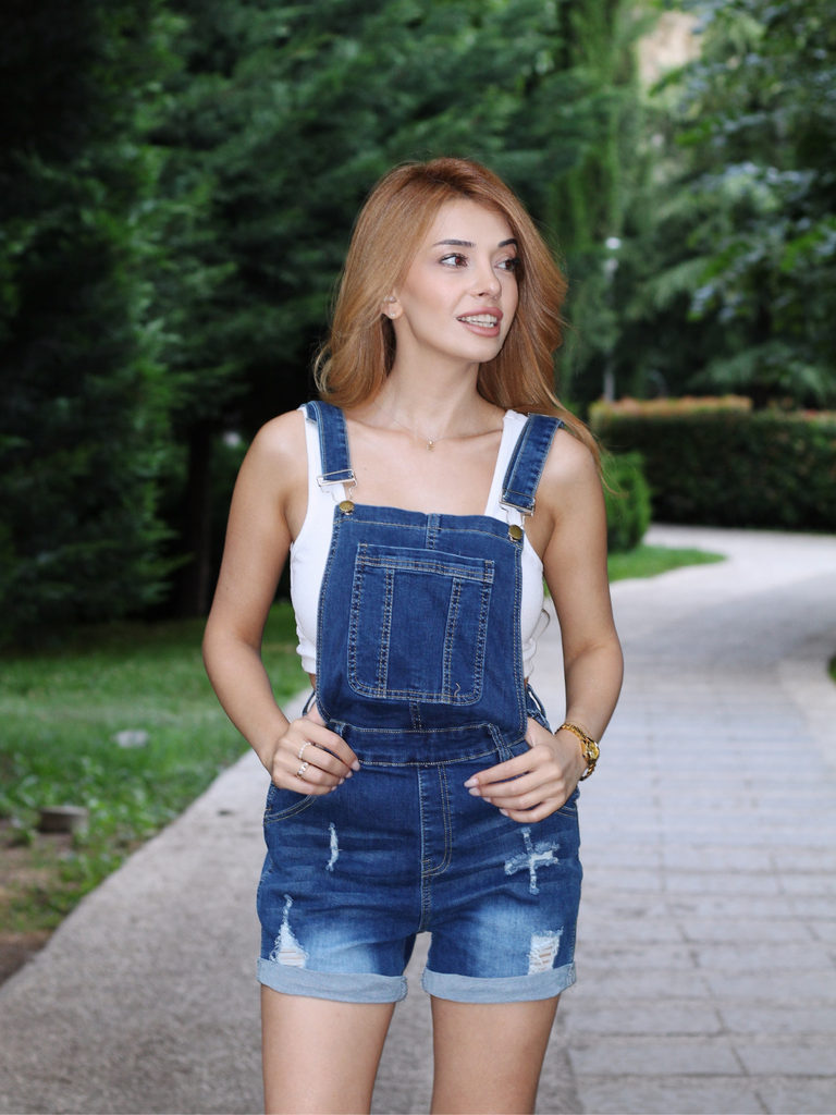 Combishort salopette jean stretch déchiré 1970s