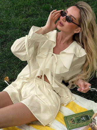 2PCS Beige Volant à Lacets Cardigan & Short Set Années 1940 5