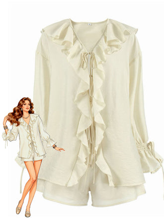 2PCS Beige Volant à Lacets Cardigan & Short Set Années 1940