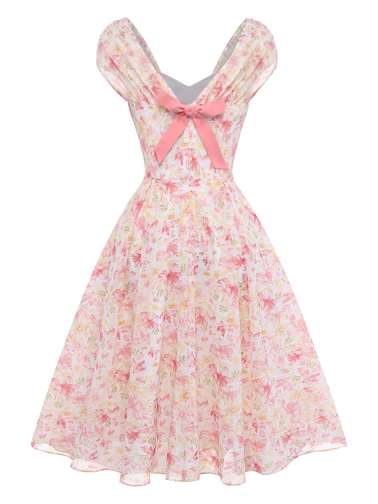 [Prévente] Rose Floral Décolleté Cœur Nœud Robe Années 1950 3
