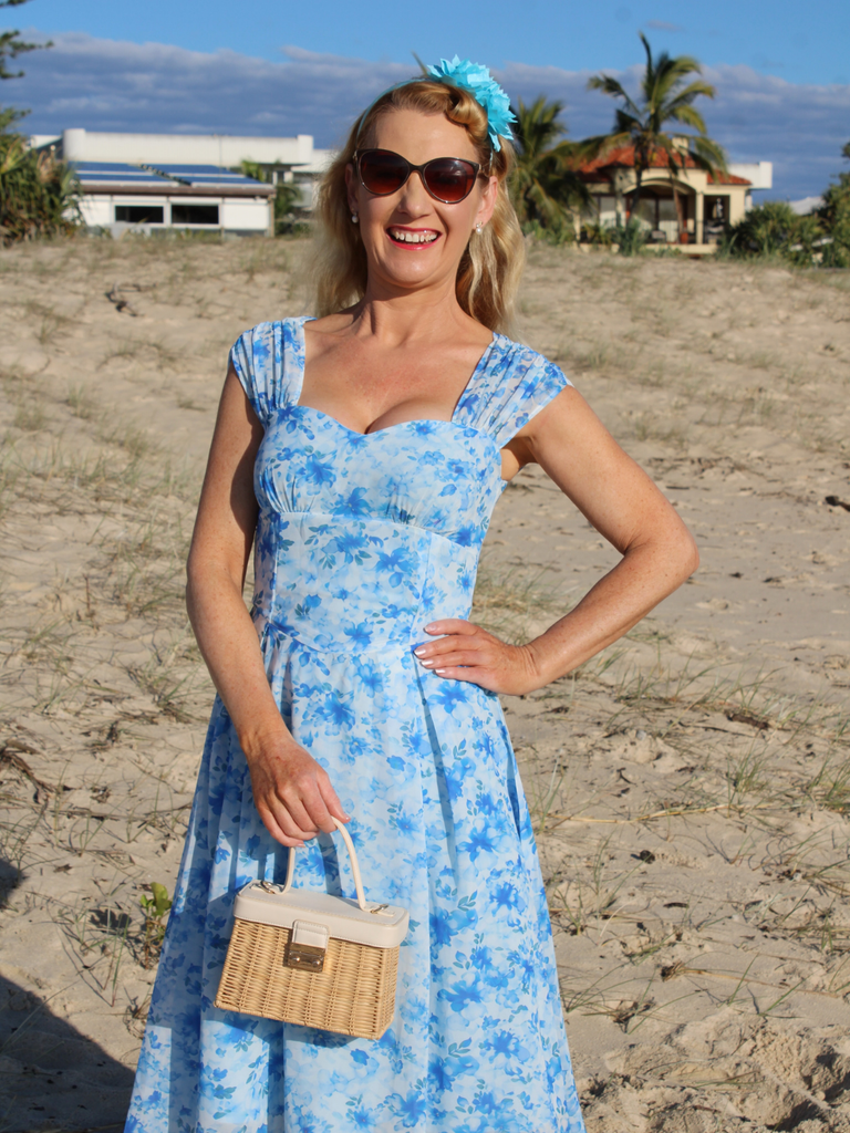 Robe Swing Manches Bouffantes Fleurs Bleu Années 1950