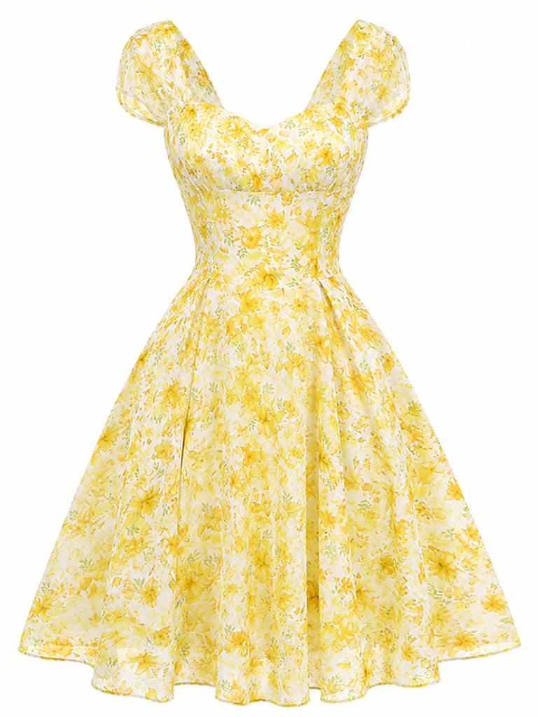 [Prévente] Robe Swing Manches Bouffantes Fleurs Jaune Années 1950