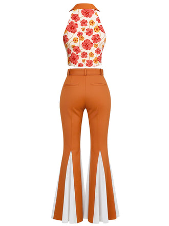 [Prévente] 2PCS Haut orange fleuri et pantalon évasé 1970s