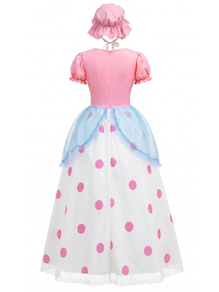 Robe Rose Cosplay Bo Peep à Pois Manches Bouffantes Années 40