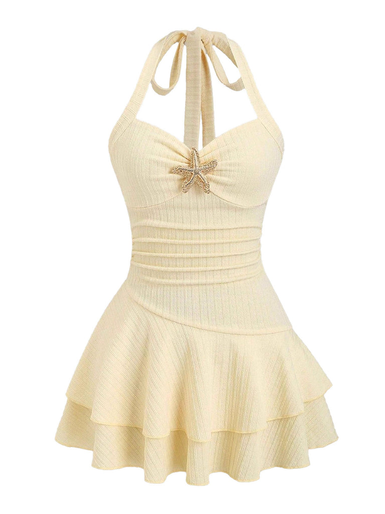Mini Robe Jaune Halter à Étages avec Étoile de Mer en Métal Années '60 2