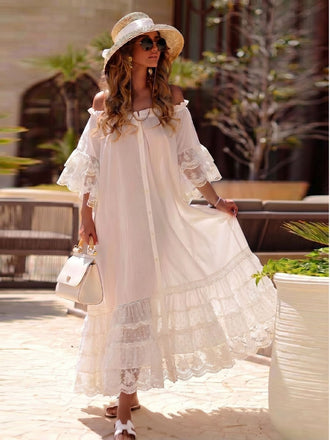 Robe Blanche Bohème Épaules Dénudées Années 1970