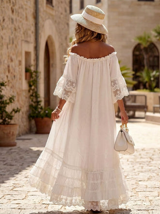 Robe Blanche Bohème Épaules Dénudées Années 1970