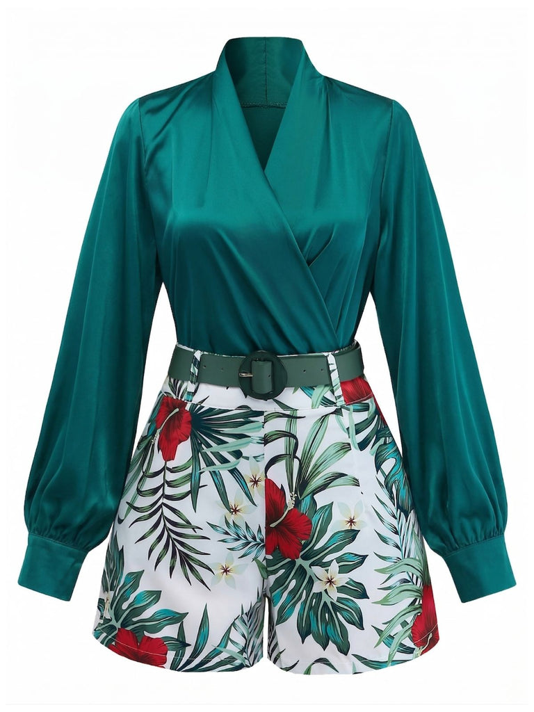 2PCS Haut Satin et Short Floral Vert années 50 2