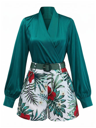 2PCS Haut Satin et Short Floral Vert années 50 2