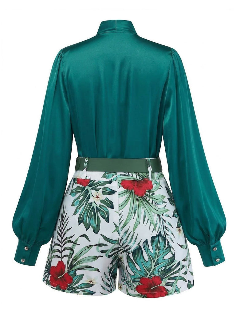 2PCS Haut Satin et Short Floral Vert années 50 3