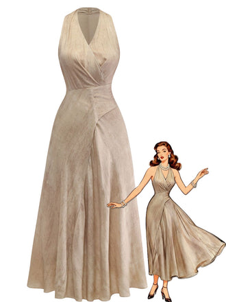 Abricot Linen Col V Sans Manches Ceinturé Robe Longue Années 1940