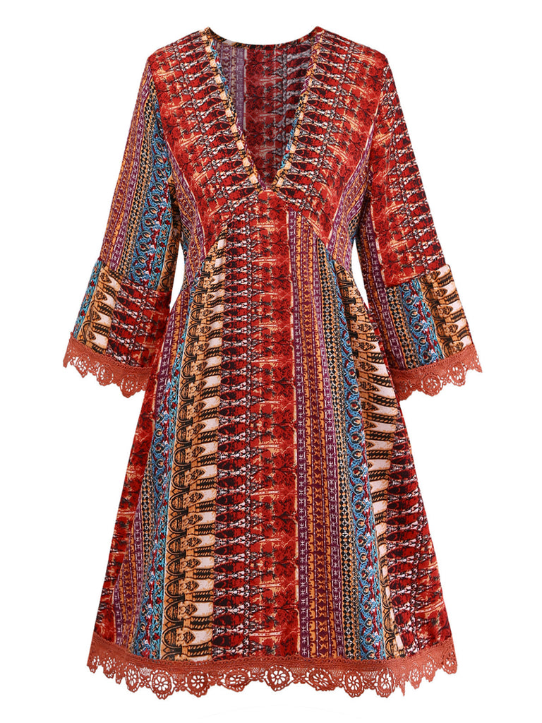 Multicolore Bohème Col V à Volants Étagés Sleeve Robe Années 1970