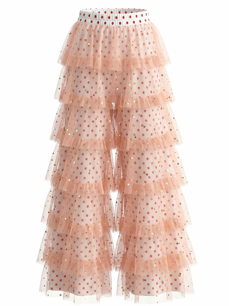 Rose à Pois Tulle à Volants Étagés Volant Pantalon Années 1970