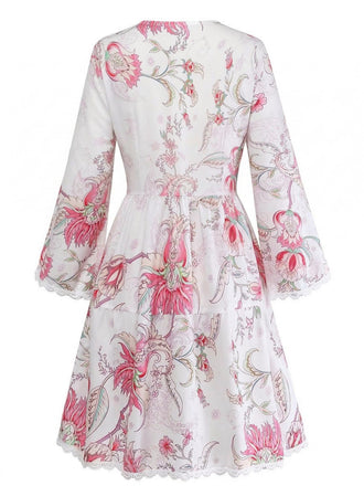 Rose Floral Découpé Imprimé Col V Dentelle Robe Années 1960 2
