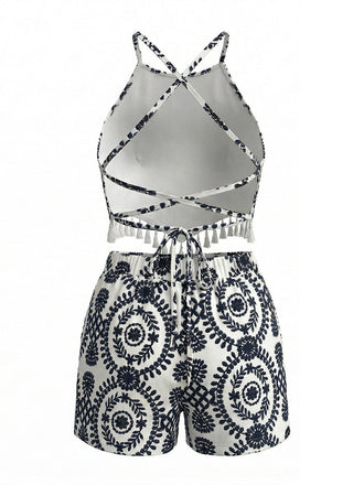 Ensemble 2 Pièces 2PCS Floral Halter Tassel Crop & Shorts Années 1970 2