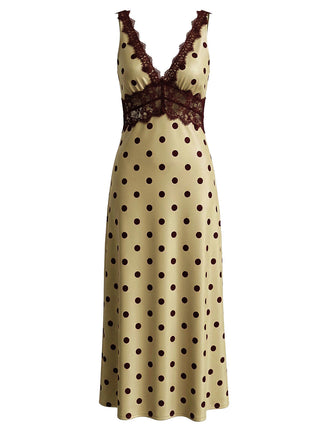 Kaki Col V à Pois Dentelle-Bordure Sans Manches Robe Années 1930