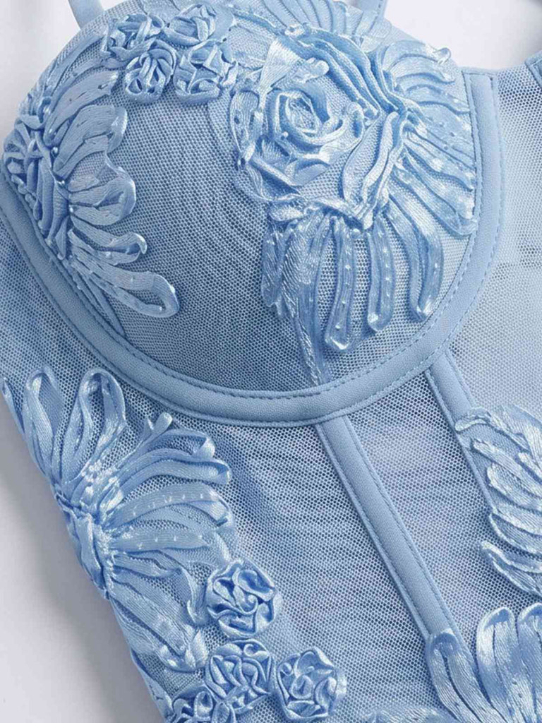 Robe sirène maxi fines bretelles et imprimé floral 3D années 1930