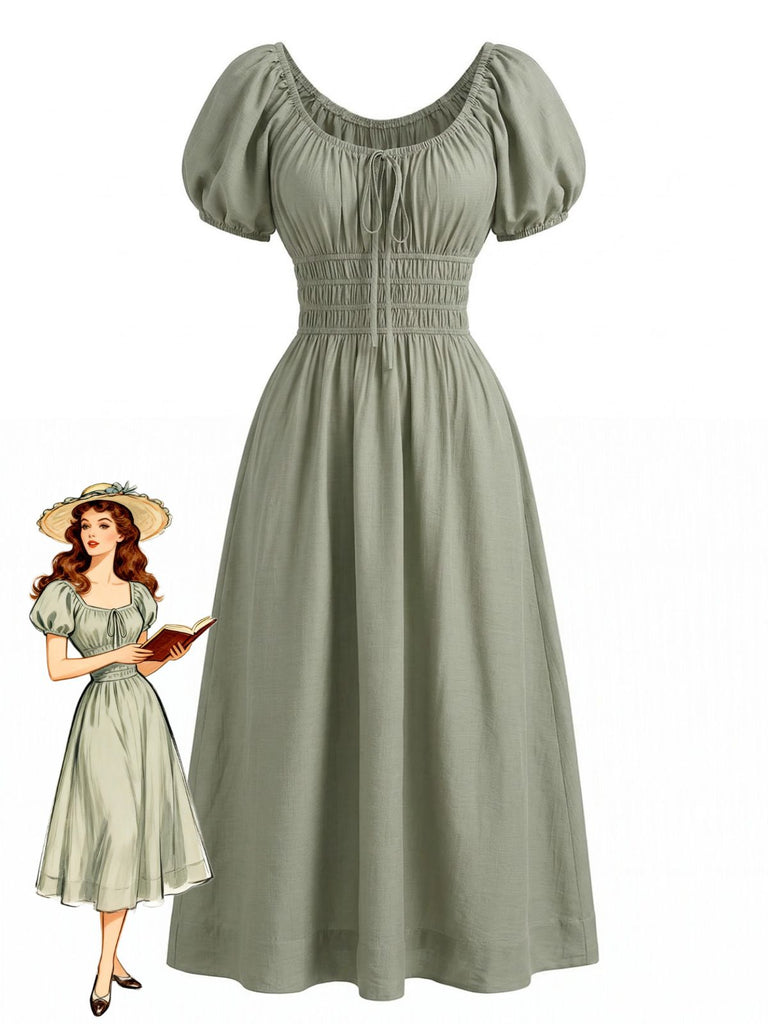 Vert Col Carré Manches Bouffantes Bohème Robe Années 1970