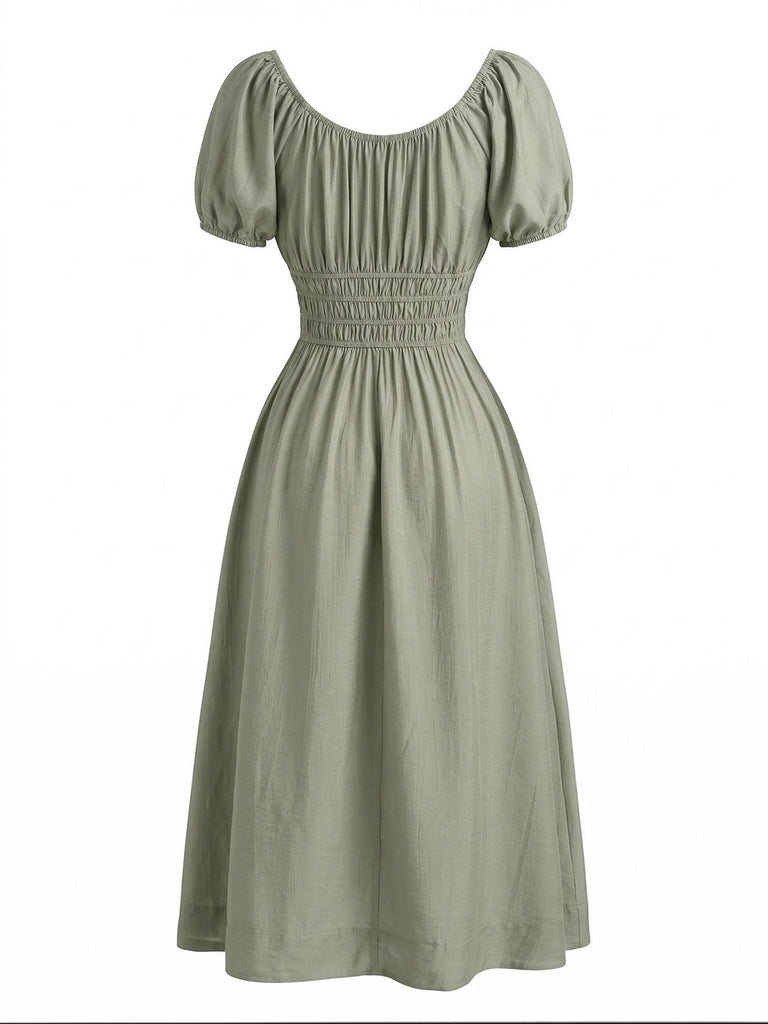 Vert Col Carré Manches Bouffantes Bohème Robe Années 1970 6