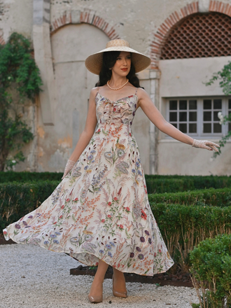 Robe nuisette bohème multicolore à fleurs col V années 1930