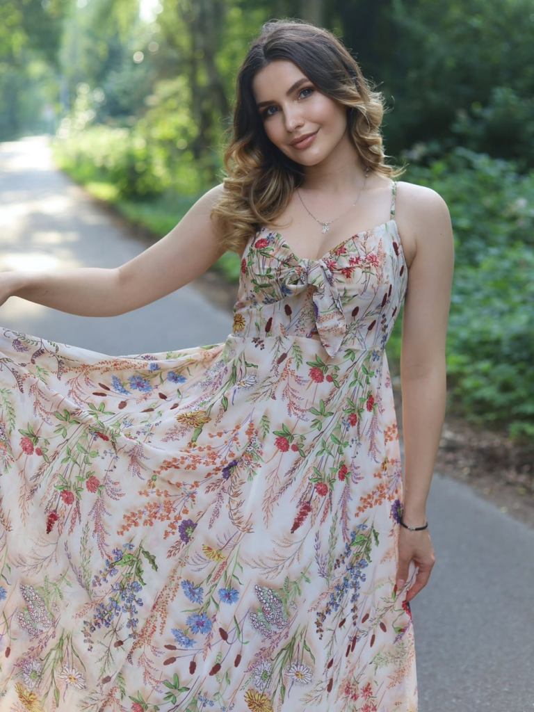 Robe nuisette bohème multicolore à fleurs col V années 1930