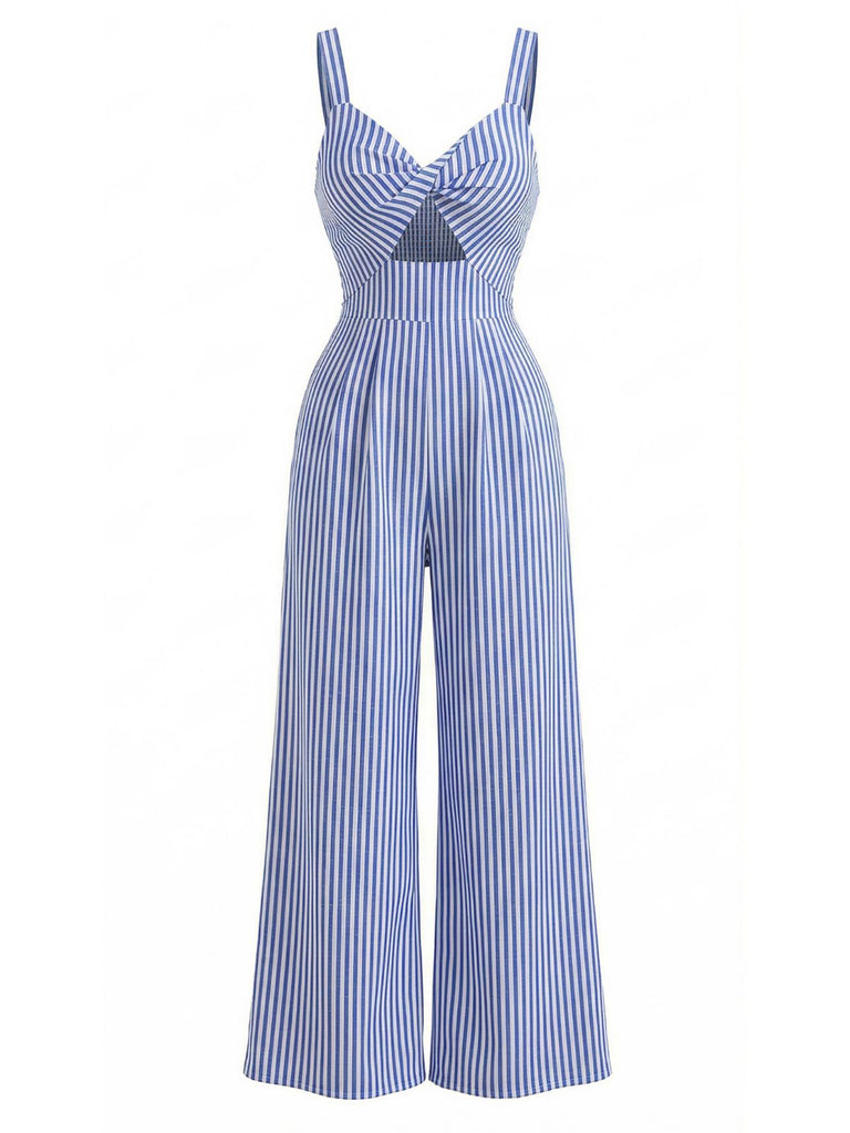 Bleu Rayé Torsadé Ajouré Col V Combinaison Années 1950 3
