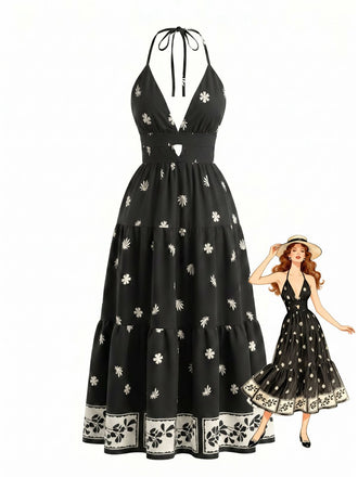 Maxi-robe bohème noire dos nu et col halter années 70