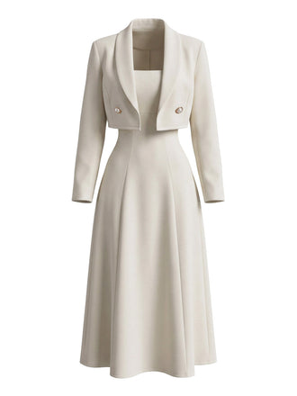 2PCS Robe Midi en A Ivoire avec Veste Blazer Années 1950 2