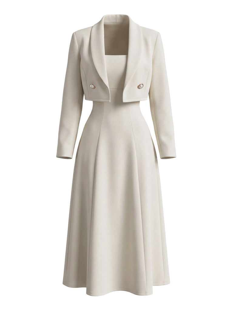 2PCS Robe Midi en A Ivoire avec Veste Blazer Années 1950