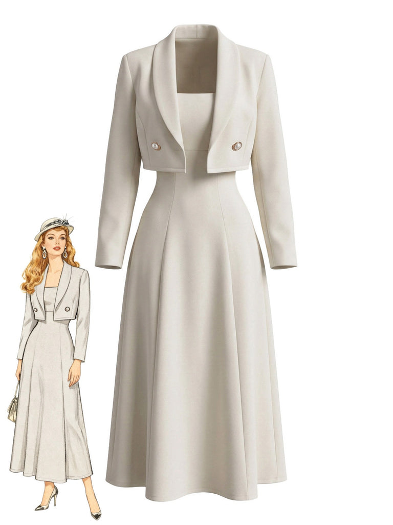 2PCS Robe Midi en A Ivoire avec Veste Blazer Années 1950