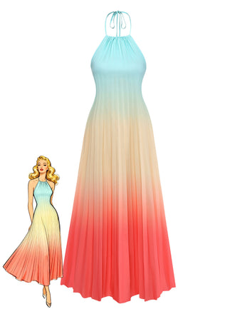 Robe Longue Multicolore Halter à Dégradé Plissé Années '30
