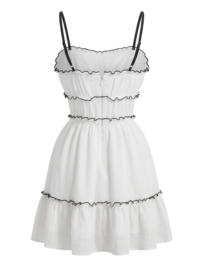 Mini Robe Blanche à Bretelles Fines et Volants Années 1960