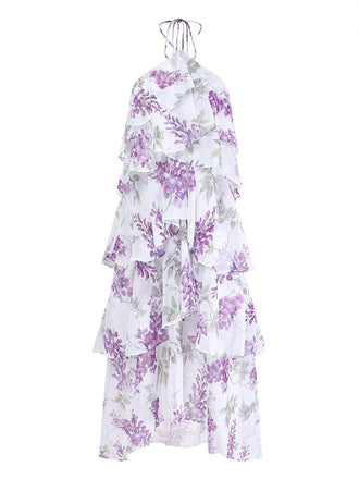 Robe Floral Halter à Volants Étagés Ruffled Lavande Années 1930 2