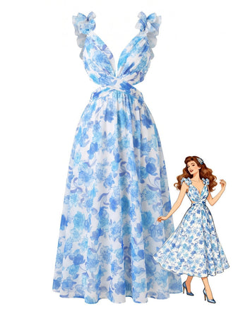 Robe Longue Bleue Florale Bretelles Volants Années 1950